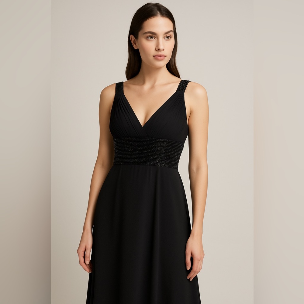 Boutique Black Beaded Empire Waist Gown – Size 12